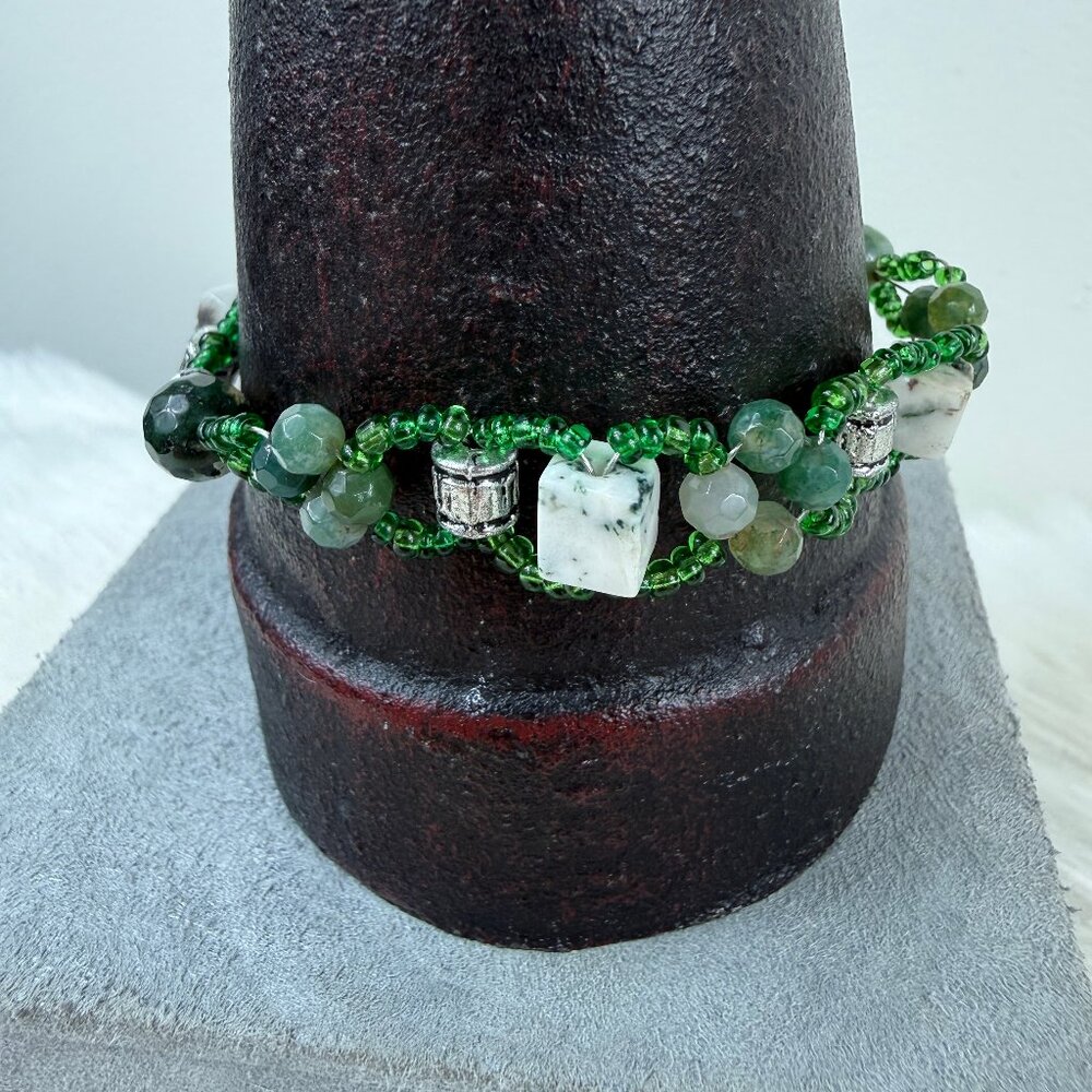 Woven Bead Stone Bracelet Moss Agate Toggle Silver Tone 9"